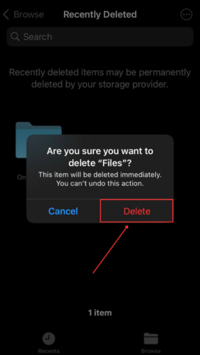 Delete button in the Recently Deleted dialogue