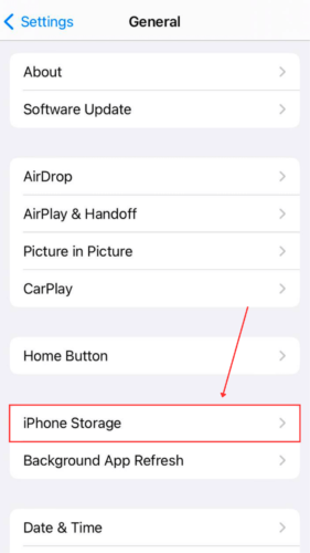 iPhone storage tab in general settings