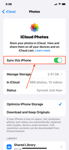 iCloud for Photos setting in the iOS Settings app