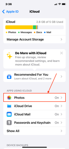 Photos button in the iCloud menu of the iOS Settings app