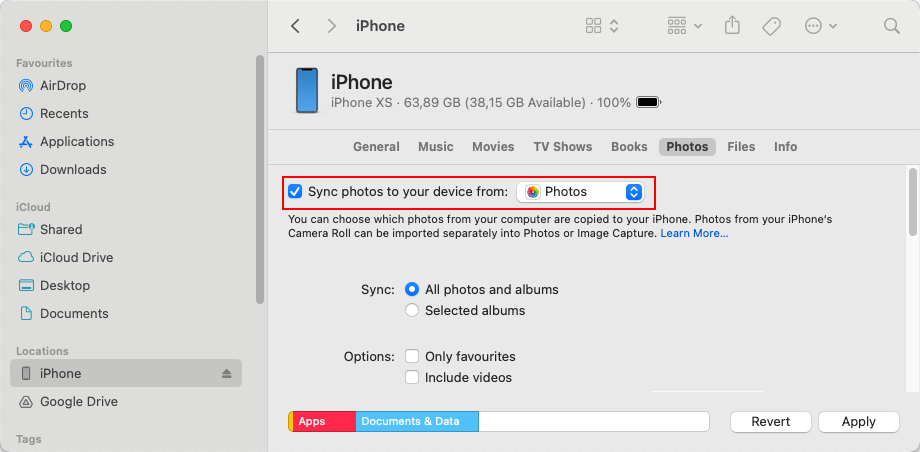 Sync activation settings in the iPhone menu in Finder
