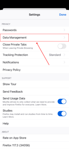 Data Management settings for the Firefox app