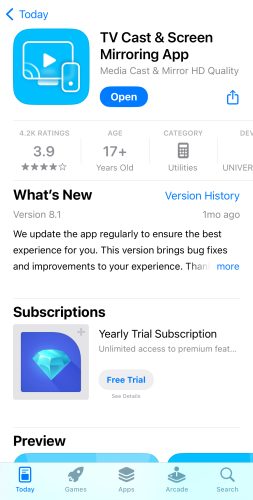 TV Cast & Screen Mirroring App download page on the App Store TV Cast & Screen Mirroring App download page on the App Store