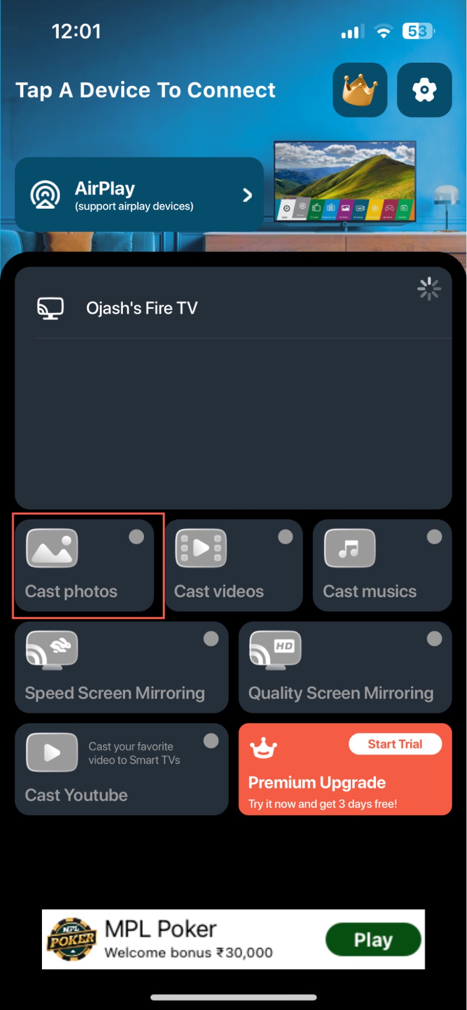 Tap on the Cast photos button in TV Cast & Screen Mirroring App Tap on the Cast photos button in TV Cast & Screen Mirroring App