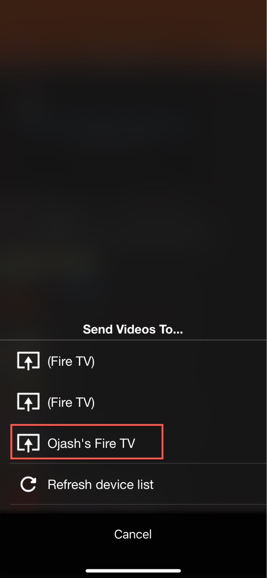 Select your Fire TV device from the list in iWebTV Select your Fire TV device from the list in iWebTV