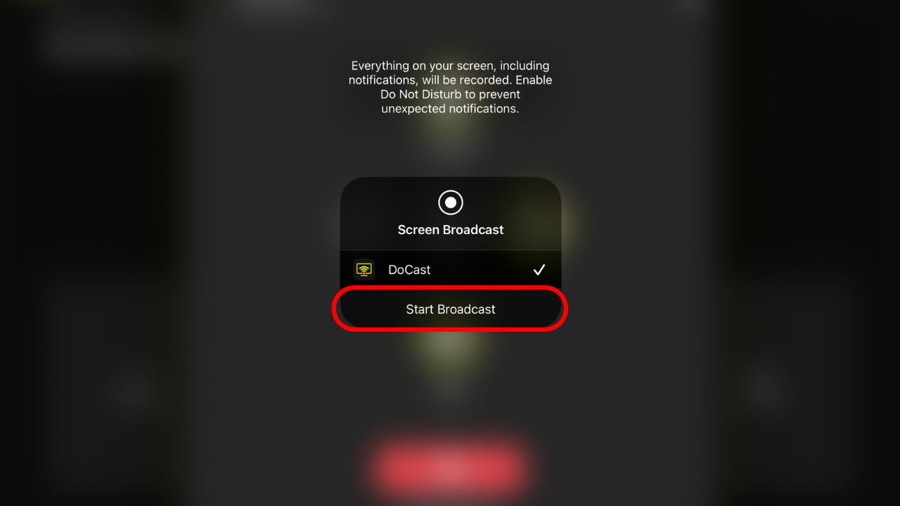 A screenshot of the DoCast screen mirror screen. A red oval circles the Start Broadcast button. A screenshot of the DoCast screen mirror screen. A red oval circles the Start Broadcast button.
