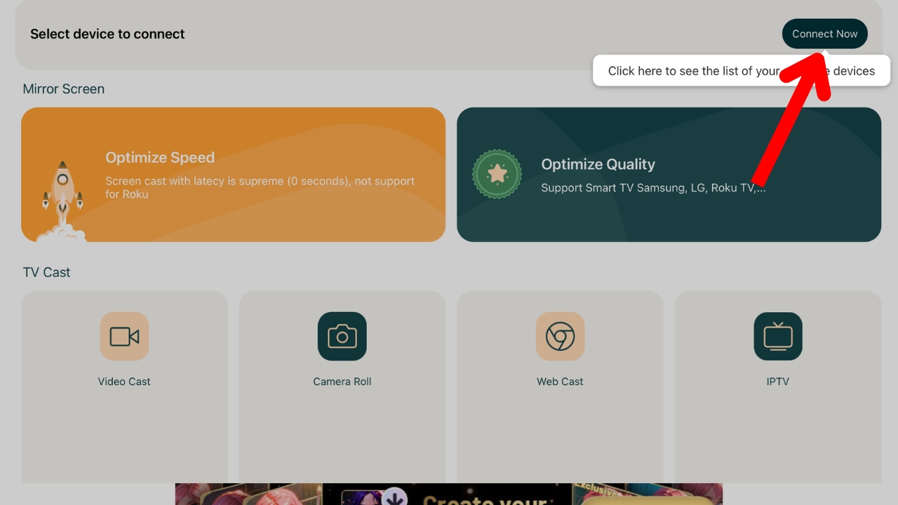 A screenshot of Screen Mirroring - TV Cast with a red arrow pointing to the devices button. A screenshot of Screen Mirroring - TV Cast with a red arrow pointing to the devices button.