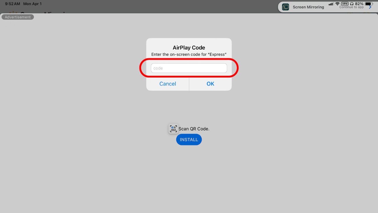 A screenshot of Screen Mirroring - TV Cast AirPlay code screen with a red rectangle highlighting the code section. A screenshot of Screen Mirroring - TV Cast AirPlay code screen with a red rectangle highlighting the code section.